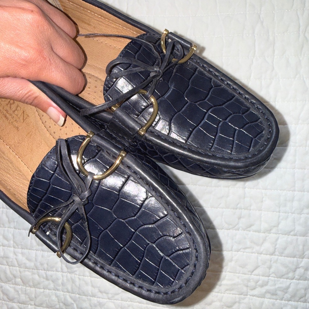 Lauren Ralph Lauren Navy Blue Croc Embossed Leather Loafers Gold Size 6B‎ NEW